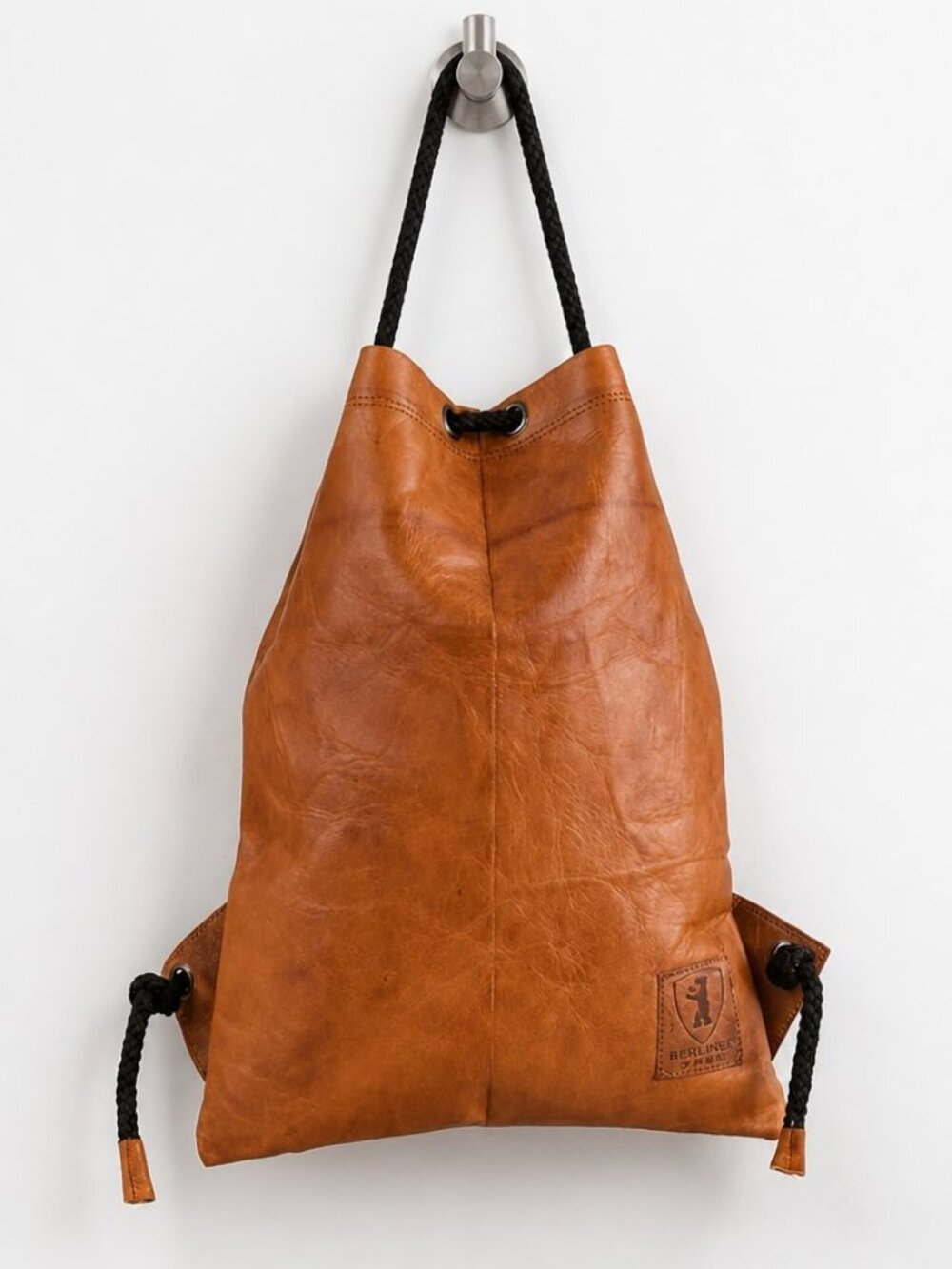 Berliner Men's Tan Genuine Goat Leather Drawstring Gym Backpack NEW - Picture 2 of 6